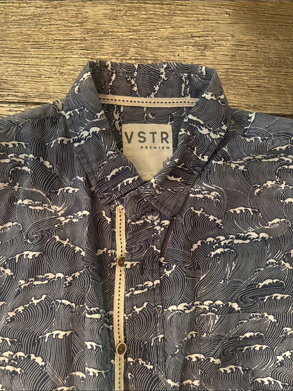 VSTR Premium Navy Wave Print Button-Up Short Sleeve Shirt